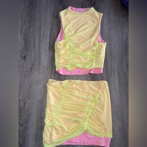 Neon Yellow Ruched Mini Skirt with Pink Trim - Women